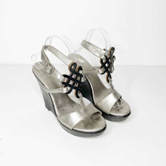 Diane Von Furstenberg DVF odette pewter metallic vacchetta wedge US 8.5 womens - Picture 1 of 8